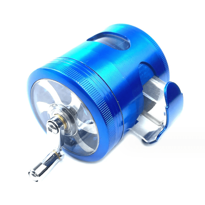 A close-up view of the 3.5" 4 Piece Hand Crank Grinder with Chamber Window, showcasing its blue metallic finish and transparent viewing chamber.