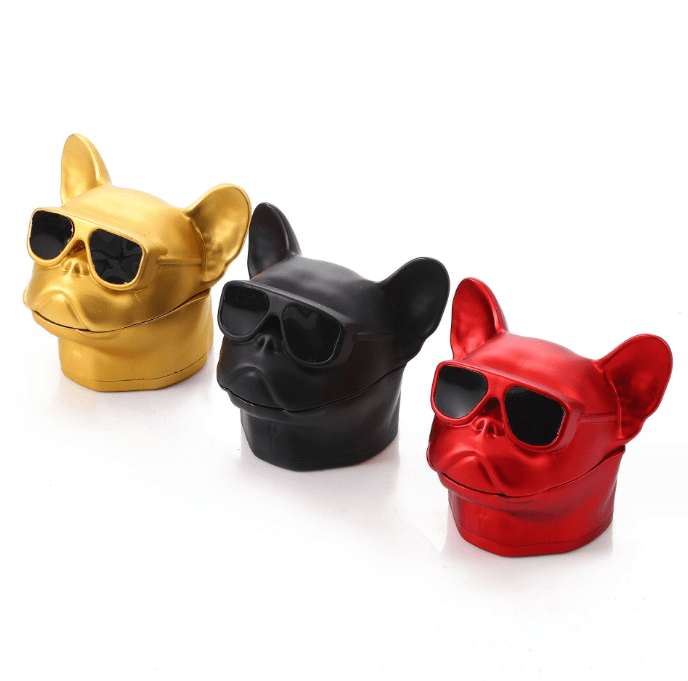 A front view of the French Bulldog Grinder in black, showcasing its sculpted design against a clean white background.