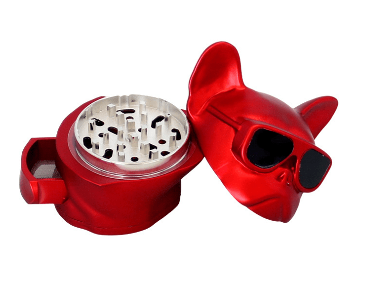 Opened view of the French Bulldog Grinder, revealing its internal grinding teeth and red, sculpted bulldog head design.