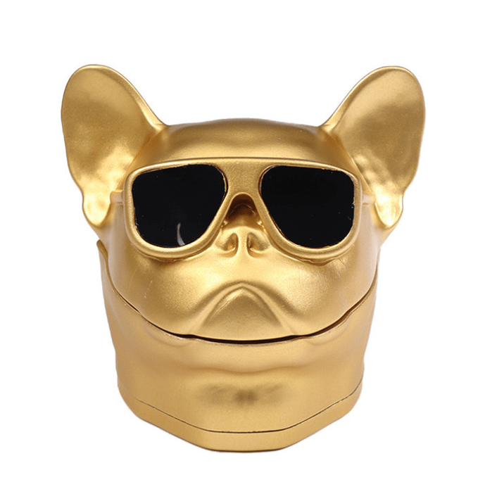 Front view of the golden French Bulldog Grinder, showcasing its smooth, sculpted form and unique design.
