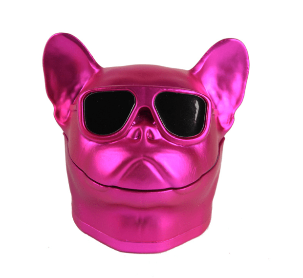 Front view of the French Bulldog Grinder, a pink ceramic grinder shaped like a bulldog's head.