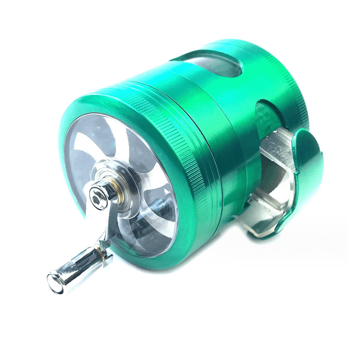 A side view of the 3.5" 4 Piece Hand Crank Grinder with Chamber Window, showcasing its transparent chamber and metallic grinding components.