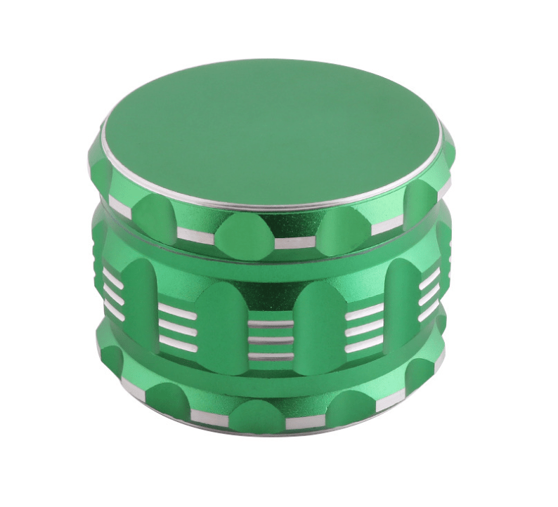 Front view of the 4 Piece Aluminum Drum Shape Grinder, a silver, multi-tiered cylindrical device against a plain white background.