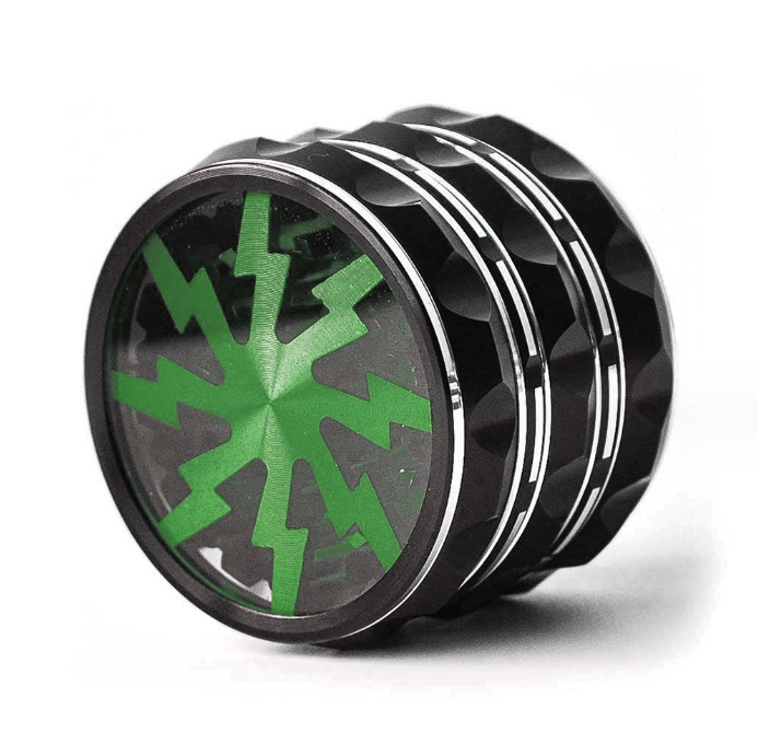 A close-up, angled view of the 4 Piece Aluminum Lighting Teeth Grinder, showcasing its multi-tiered, metallic construction.