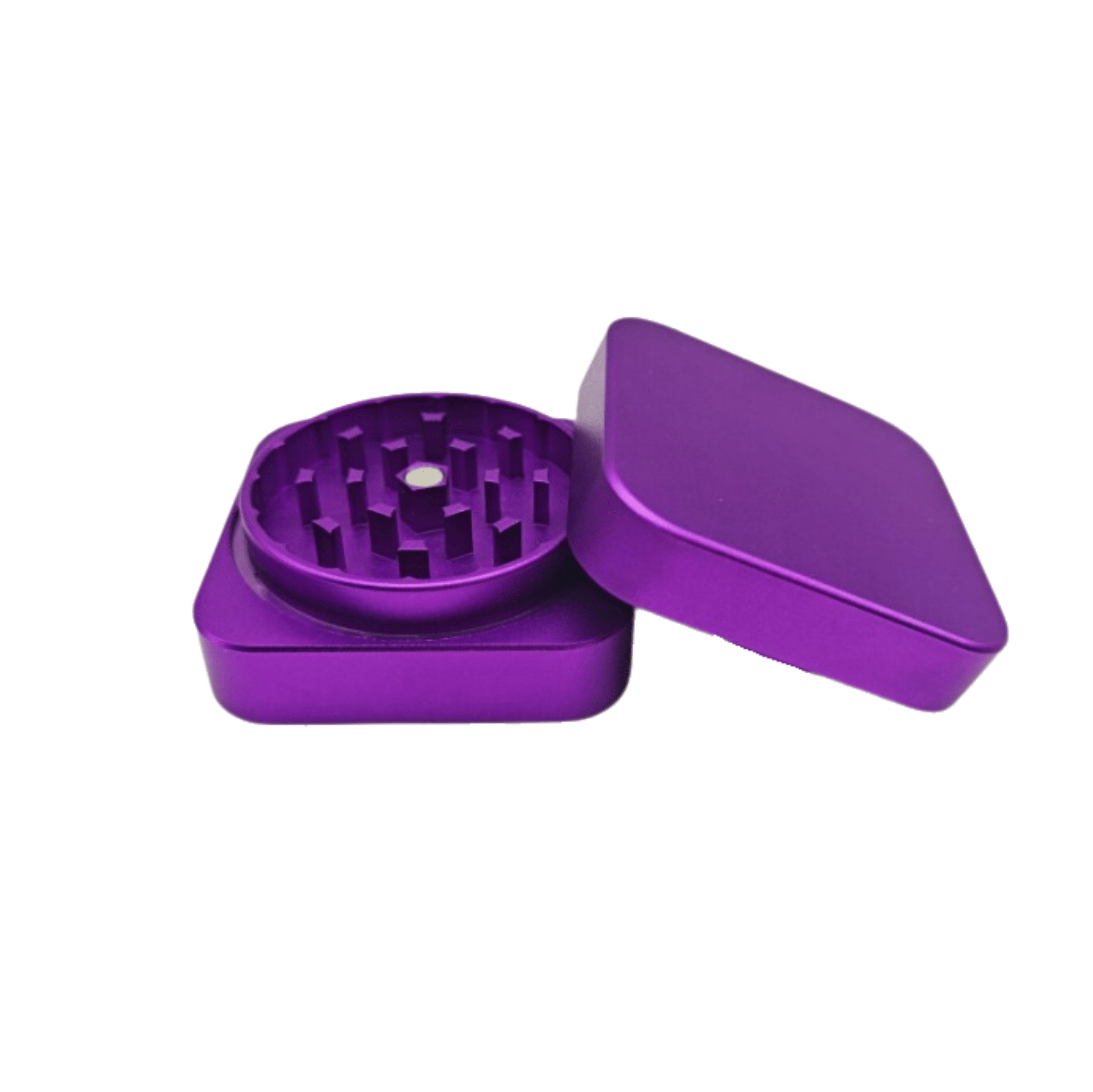 Opened view of the 2 Piece Aluminum Square Grinder, revealing the grinding teeth inside the metallic silver container.