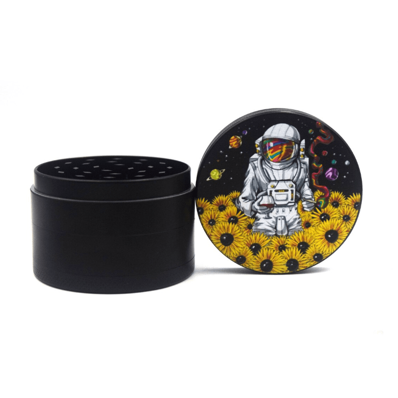A top-down view of the 4 Piece 2.5" Trip to the Moon Grinder, displaying its circular shape and textured grinding teeth.