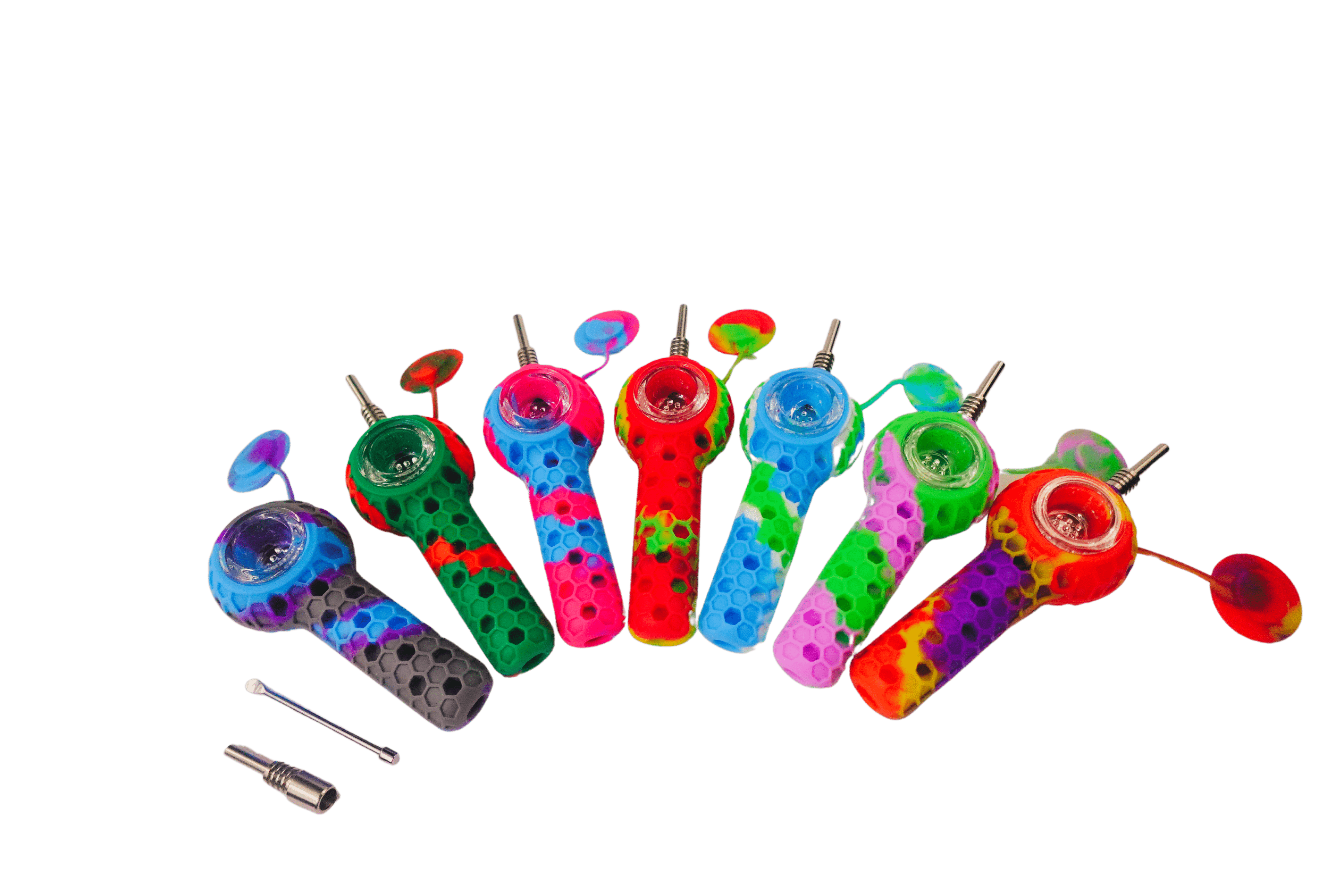 A vibrant lineup of the 4.5” Silicone 2 in 1 Honey Bee Hand Pipe/Vapor Straws, angled from the top down to show their colorful designs.