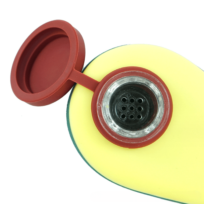 Overhead view of the 4'' Silicone Avocado Hand Pipe with Lid, showcasing the open lid and interior joint detail.