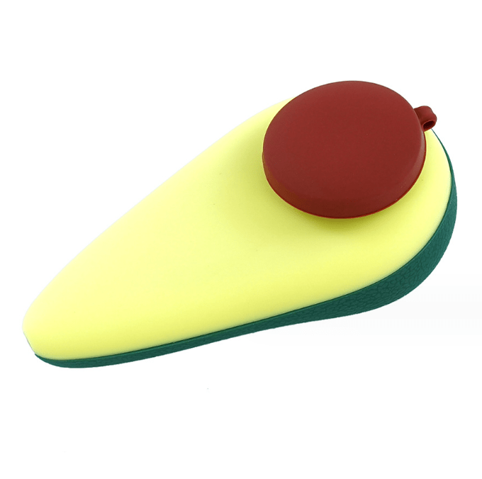 A studio shot of the 4'' Silicone Avocado Hand Pipe with Lid, presented from a slight above angle against a plain white background.