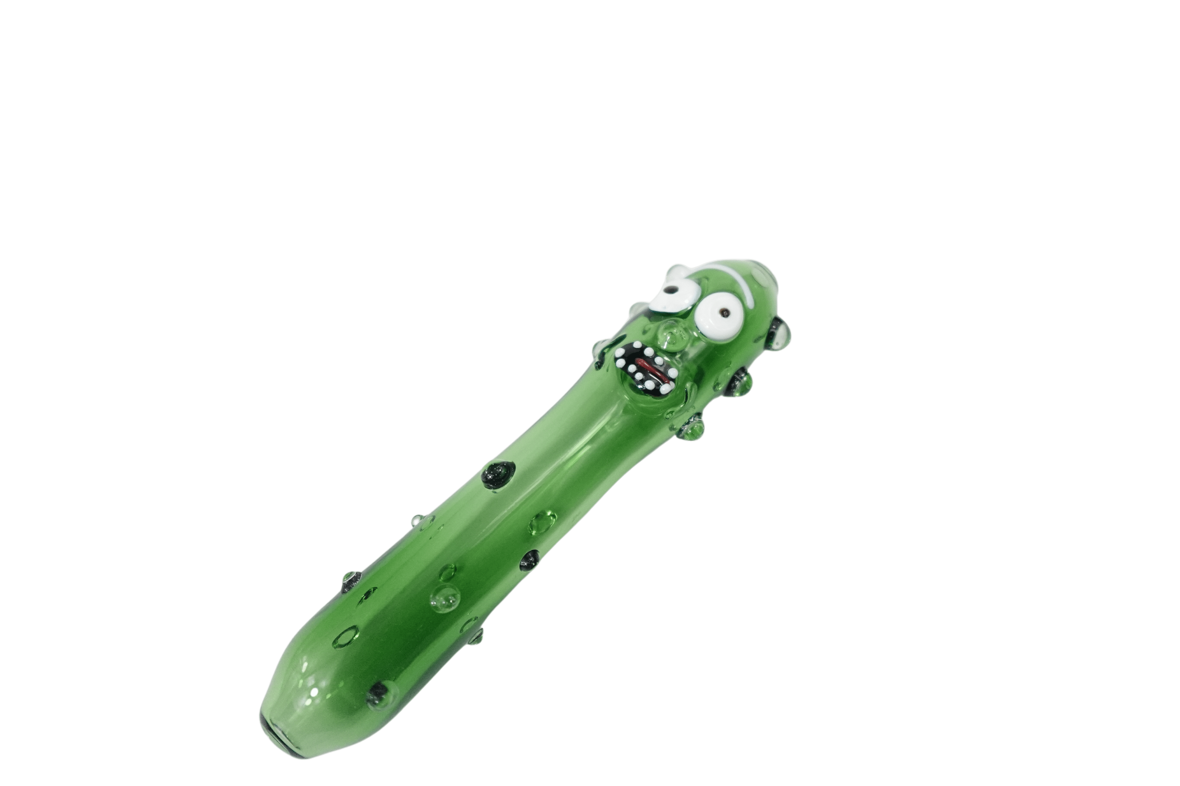 A close-up, angled view of the 5'' Cucumber Man Glass Hand Pipe, showcasing its smooth, green glass design.