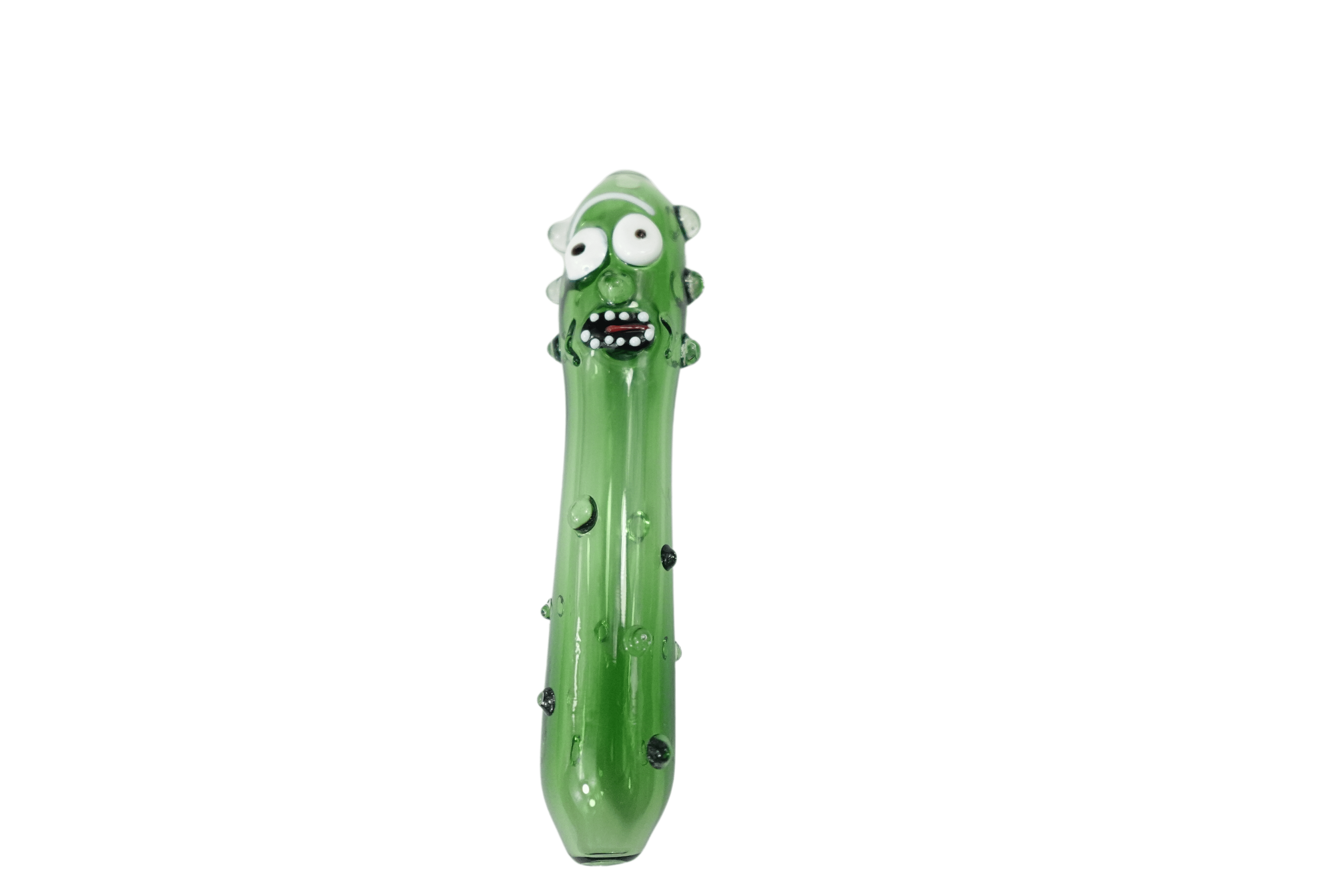 Front view of the 5'' Cucumber Man Glass Hand Pipe, showcasing its green glass construction and simple, curved shape.