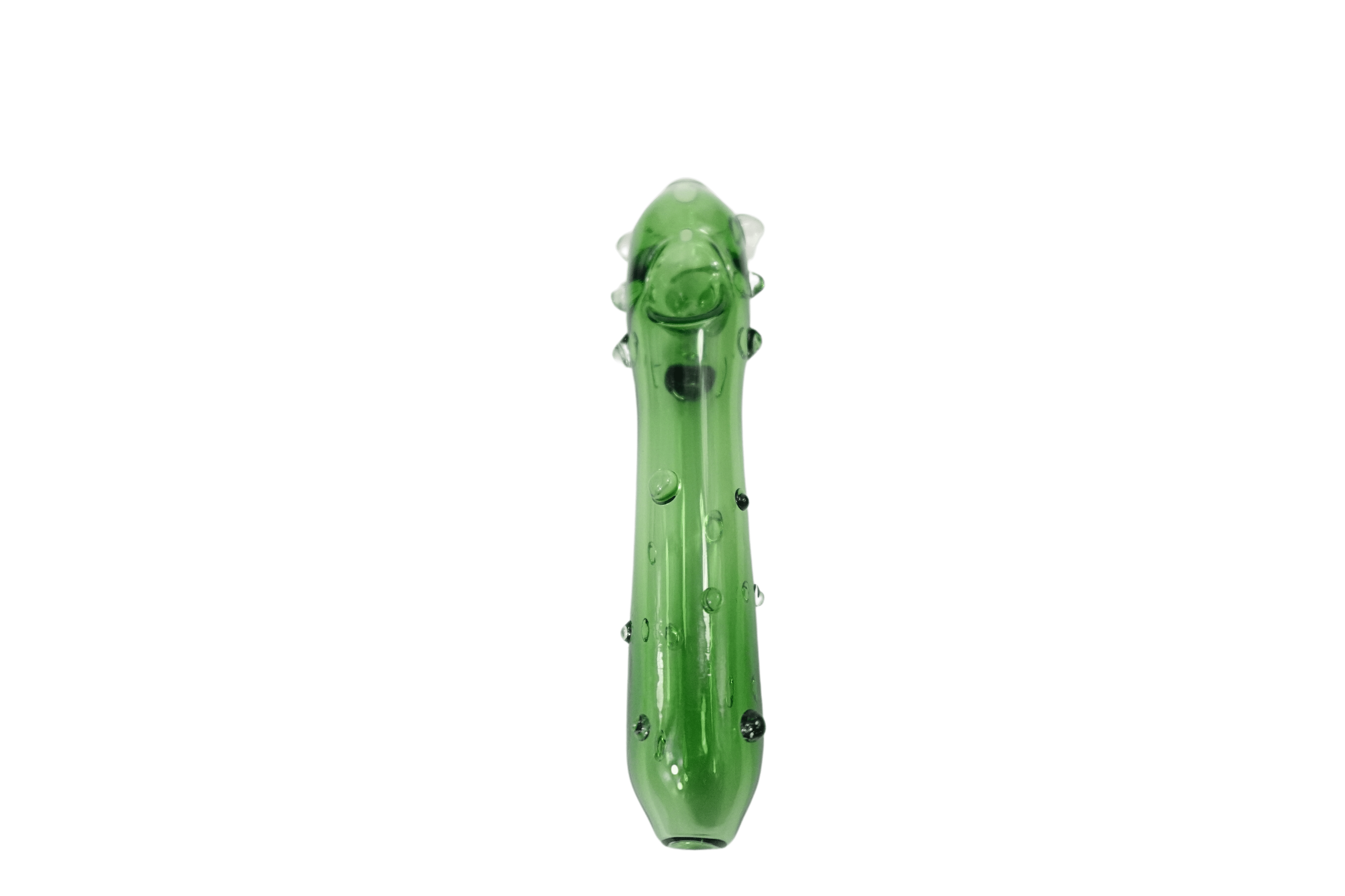 A close-up of the 5'' Cucumber Man Glass Hand Pipe, showing the curved green glass design against a plain white background.