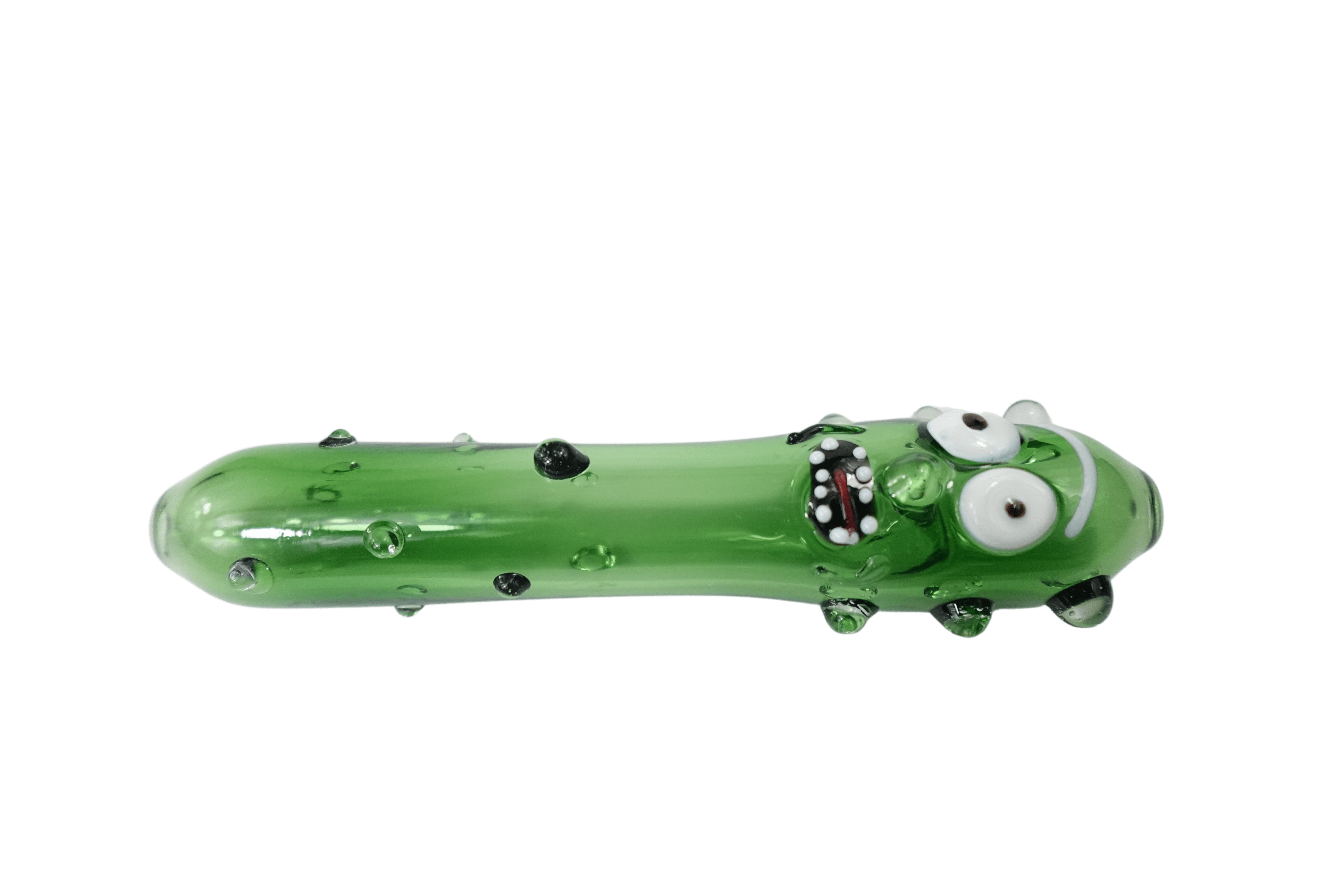 A front view of the 5'' Cucumber Man Glass Hand Pipe, showing its detailed green glass design.