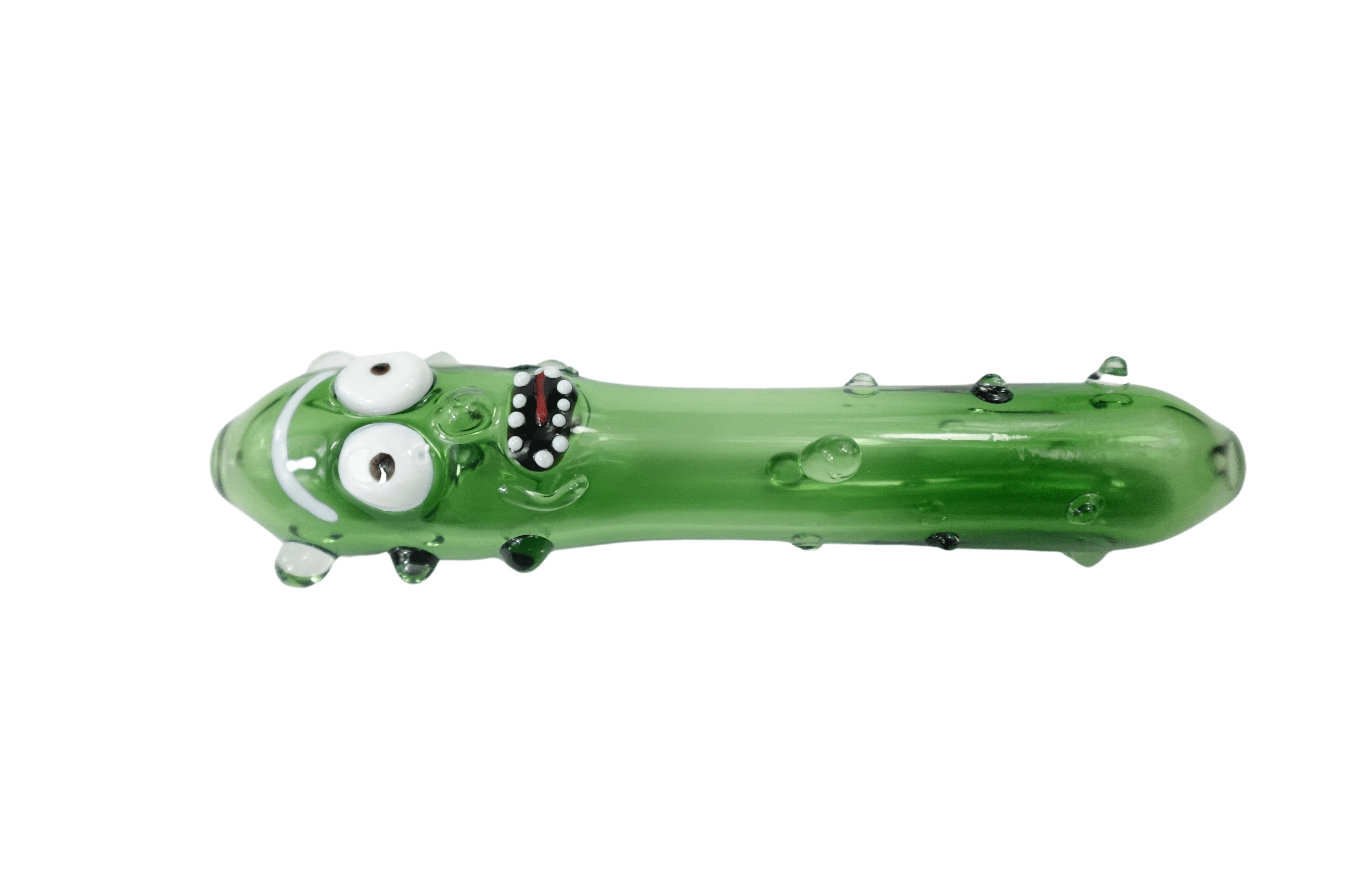 A side view of the 5'' Cucumber Man Glass Hand Pipe, showing its green glass body and curved design.