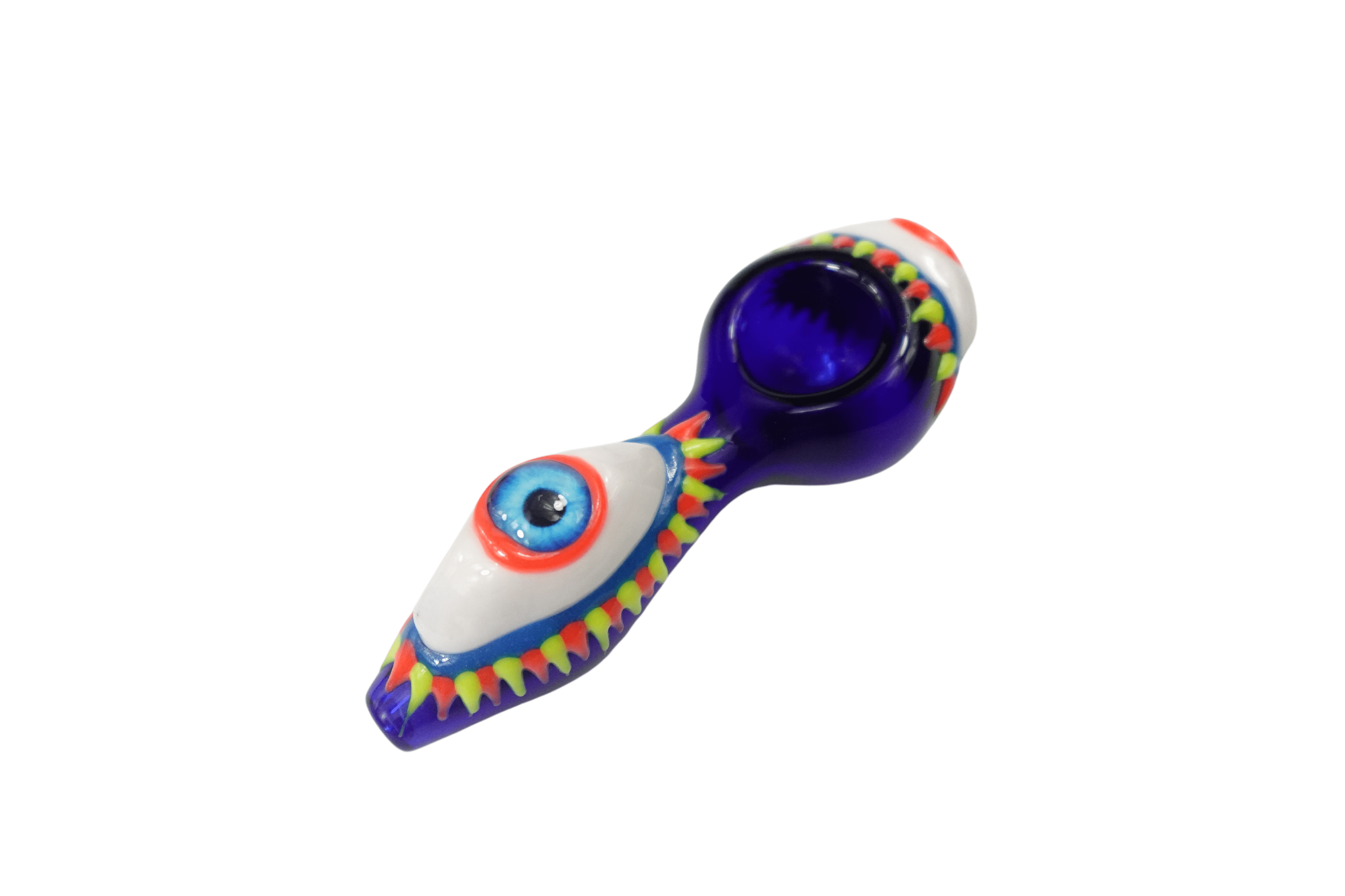 A close-up, angled view of the 5'' One Eye Monster Glass Spoon Hand Pipe, featuring a colorful, monster-themed design.