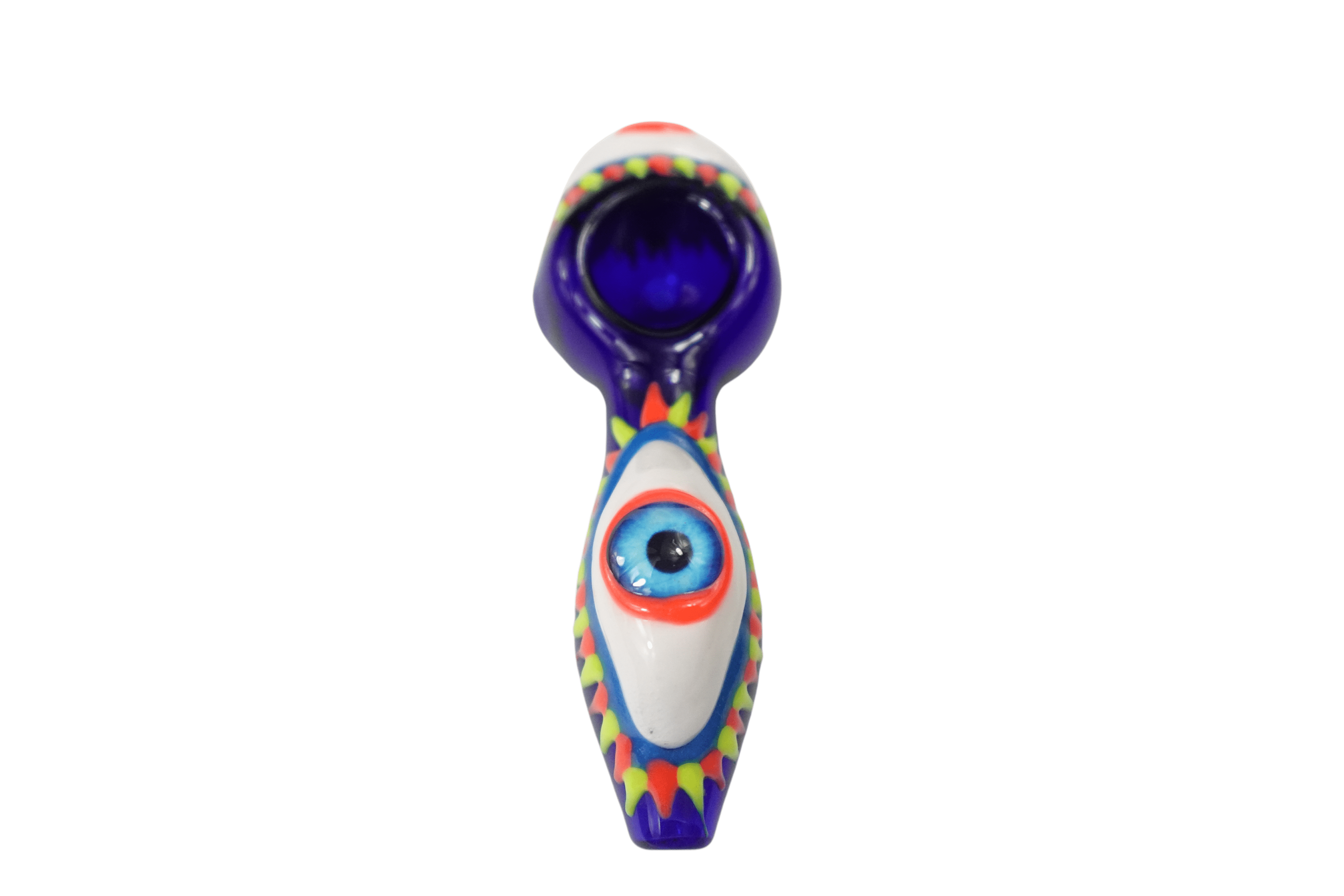 A side view of the 5'' One Eye Monster Glass Spoon Hand Pipe, showcasing its colorful, monster-themed glass design.
