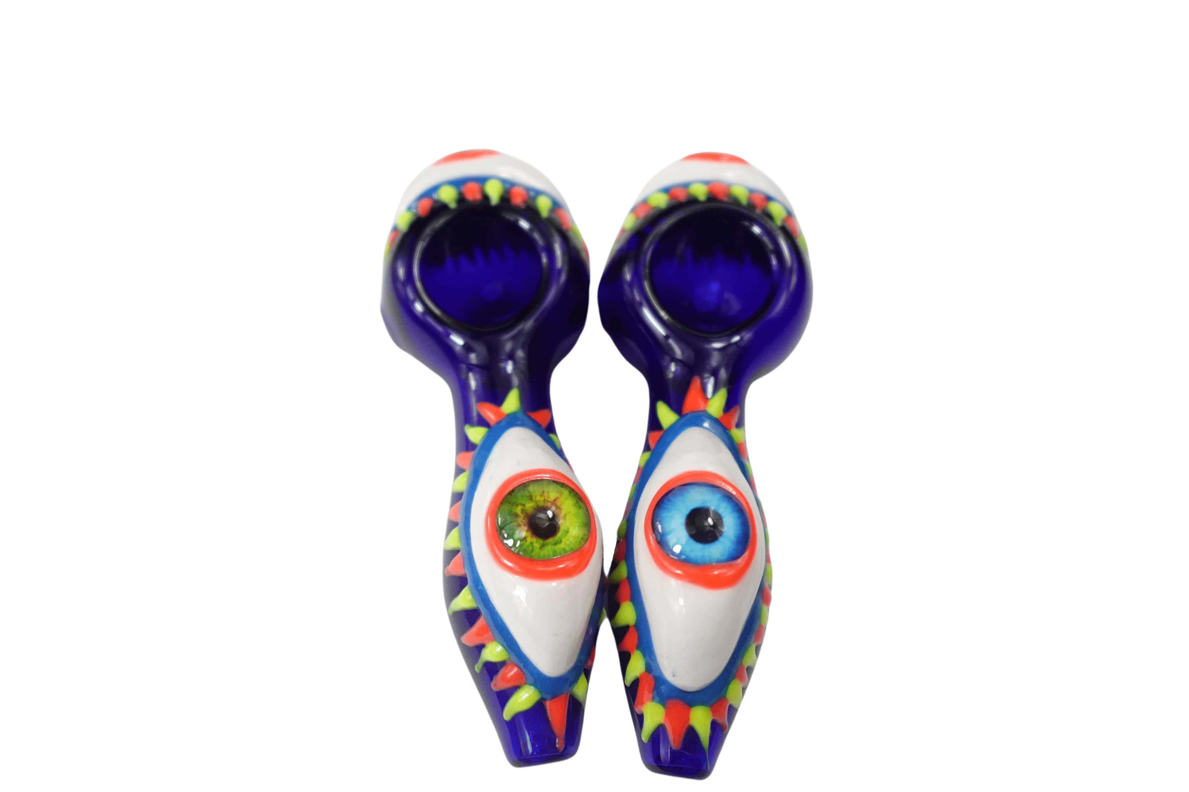 Front view of the 5'' One Eye Monster Glass Spoon Hand Pipe, showcasing its colorful, whimsical monster-eye design in a studio shot.