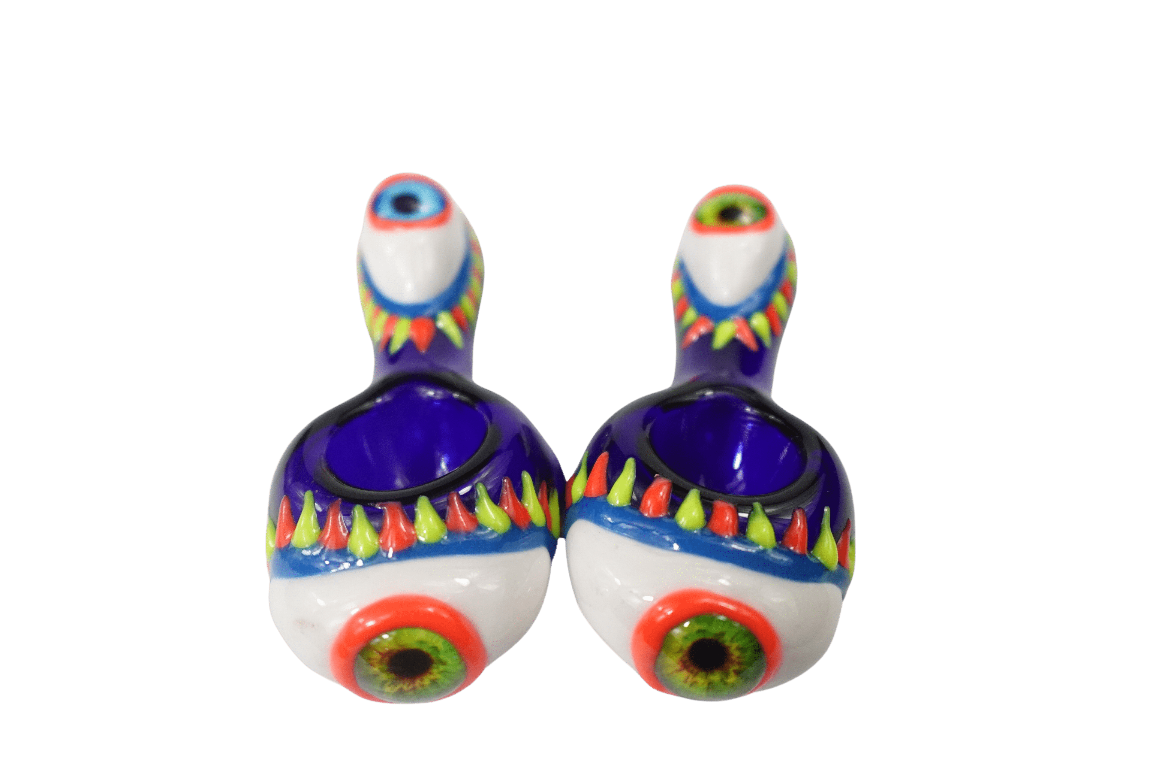 Front view of the 5'' One Eye Monster Glass Spoon Hand Pipe, showing a colorful, whimsical glass pipe with a single, large eye detail.