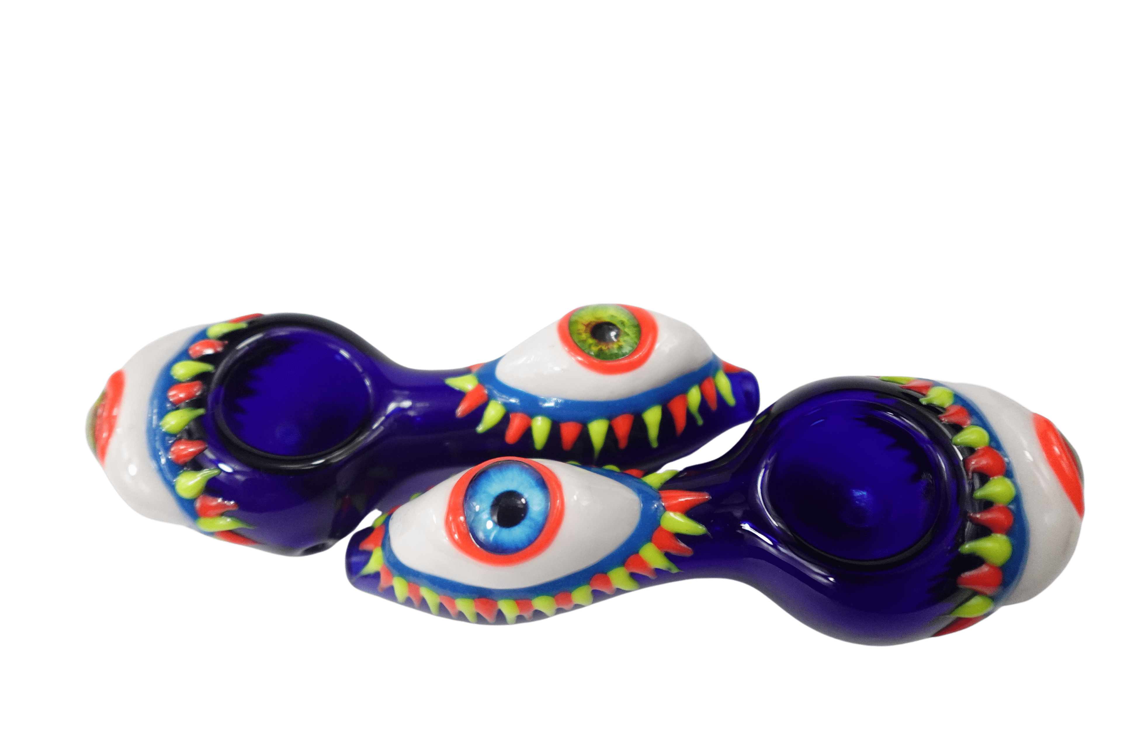 Front view of the 5'' One Eye Monster Glass Spoon Hand Pipe, featuring a colorful, monster-themed design in a handheld pipe shape.