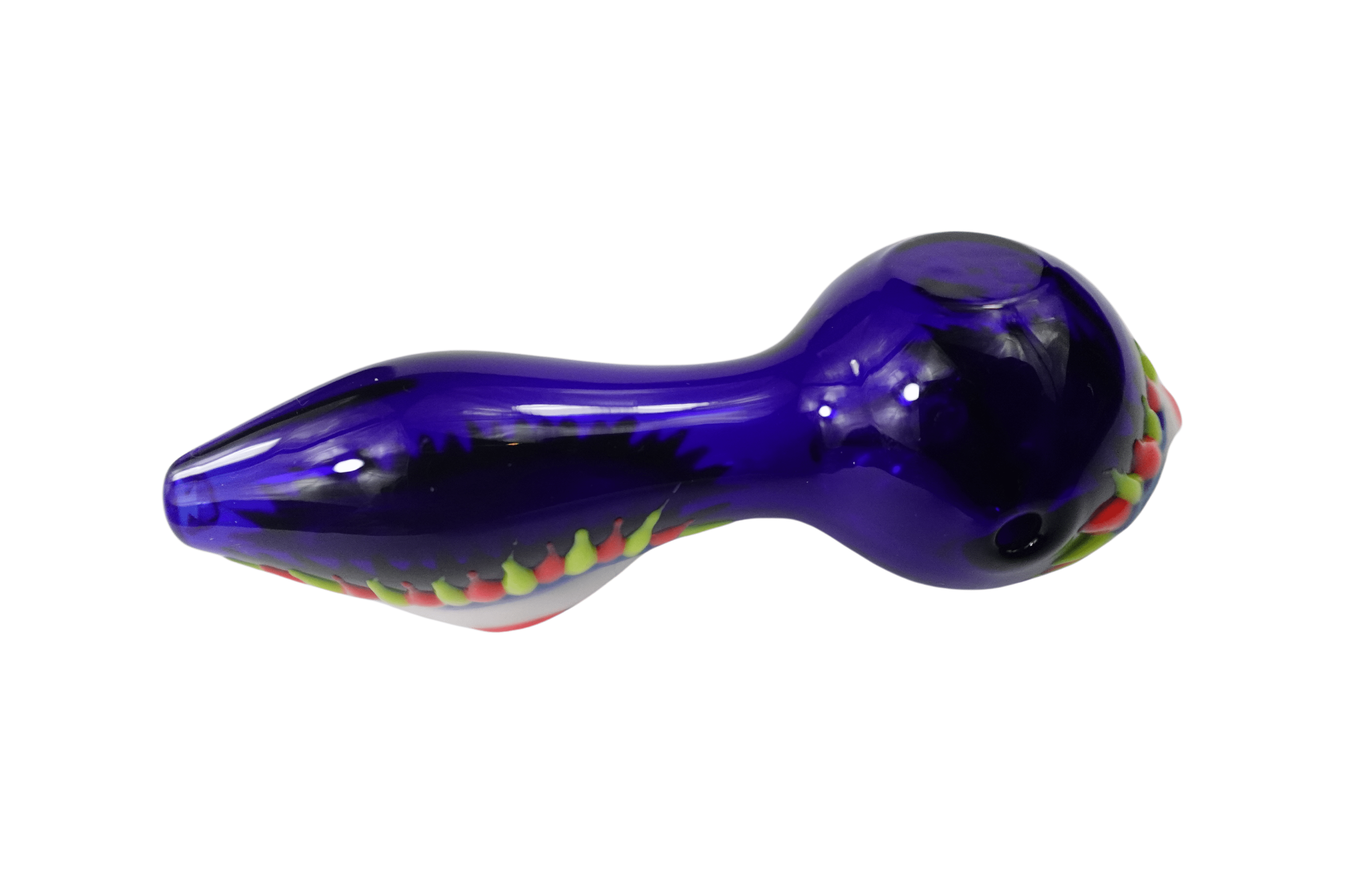 A side view of the 5'' One Eye Monster Glass Spoon Hand Pipe, showcasing its curved form and glassy texture.