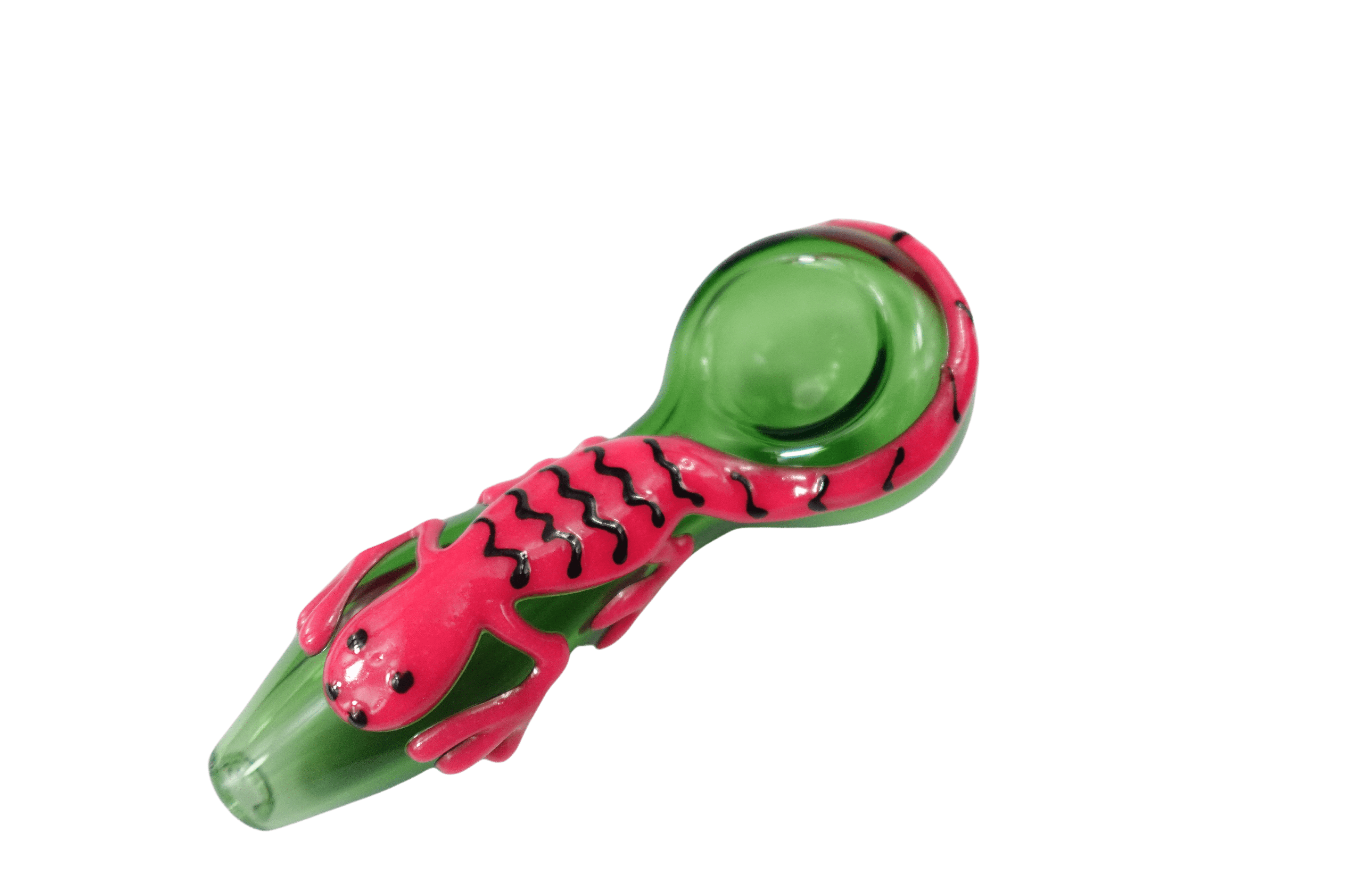 A side view of the 5'' Pink Lizard Glass Spoon Hand Pipe, showcasing its sculpted, pink-colored glass design.