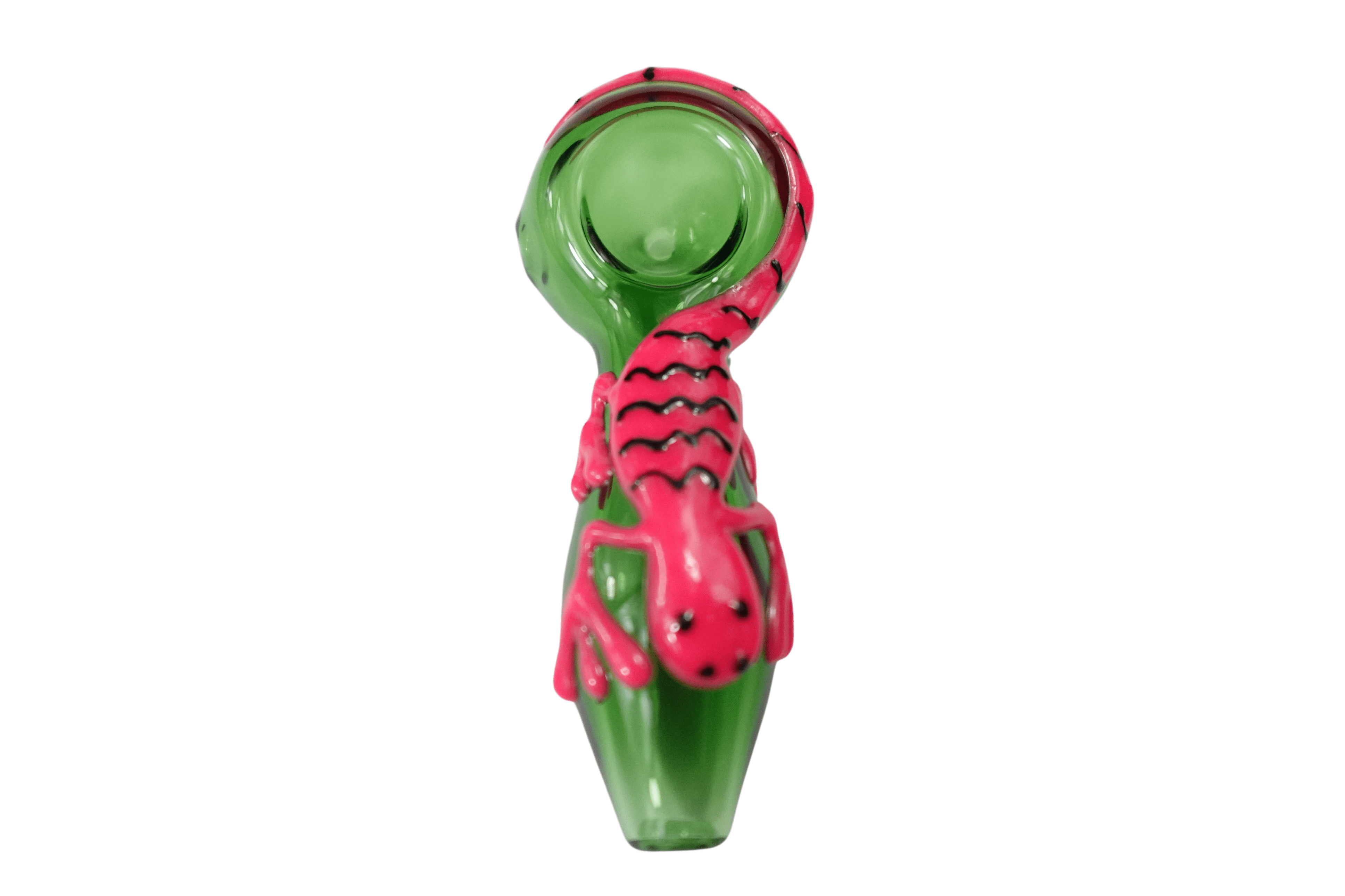 A side view of the 5'' Pink Lizard Glass Spoon Hand Pipe shows a sculpted, pink lizard design on the glass bowl.