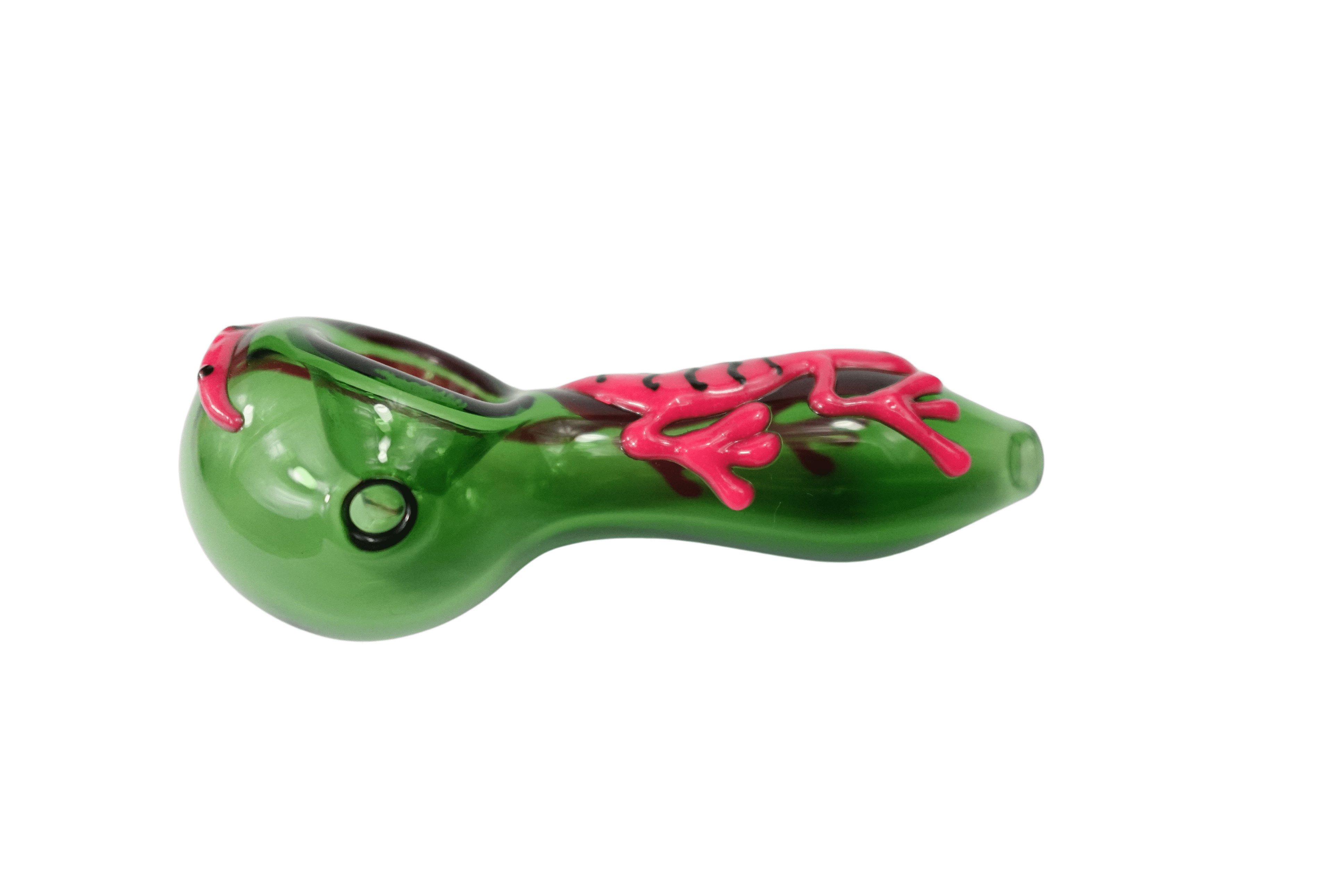 A side view of the 5'' Pink Lizard Glass Spoon Hand Pipe, showcasing its curved shape and smooth pink finish.