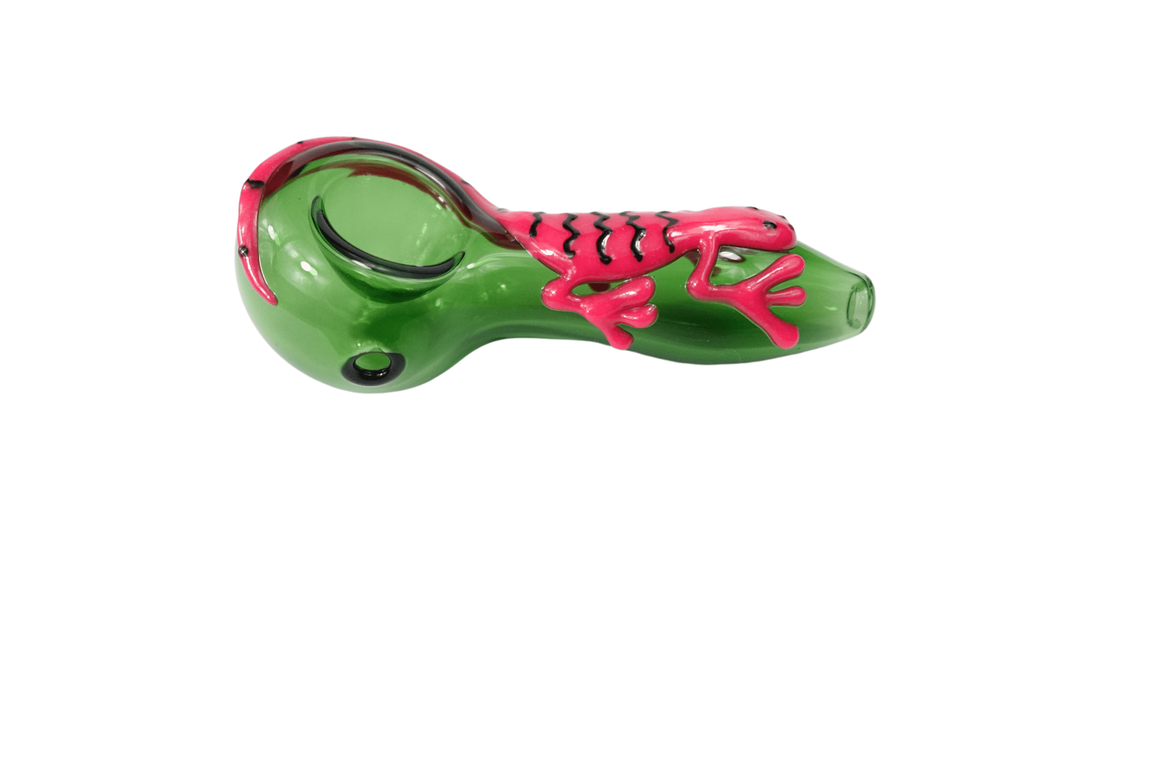 A side view of the 5'' Pink Lizard Glass Spoon Hand Pipe, showing a sculpted glass pipe resembling a pink lizard.