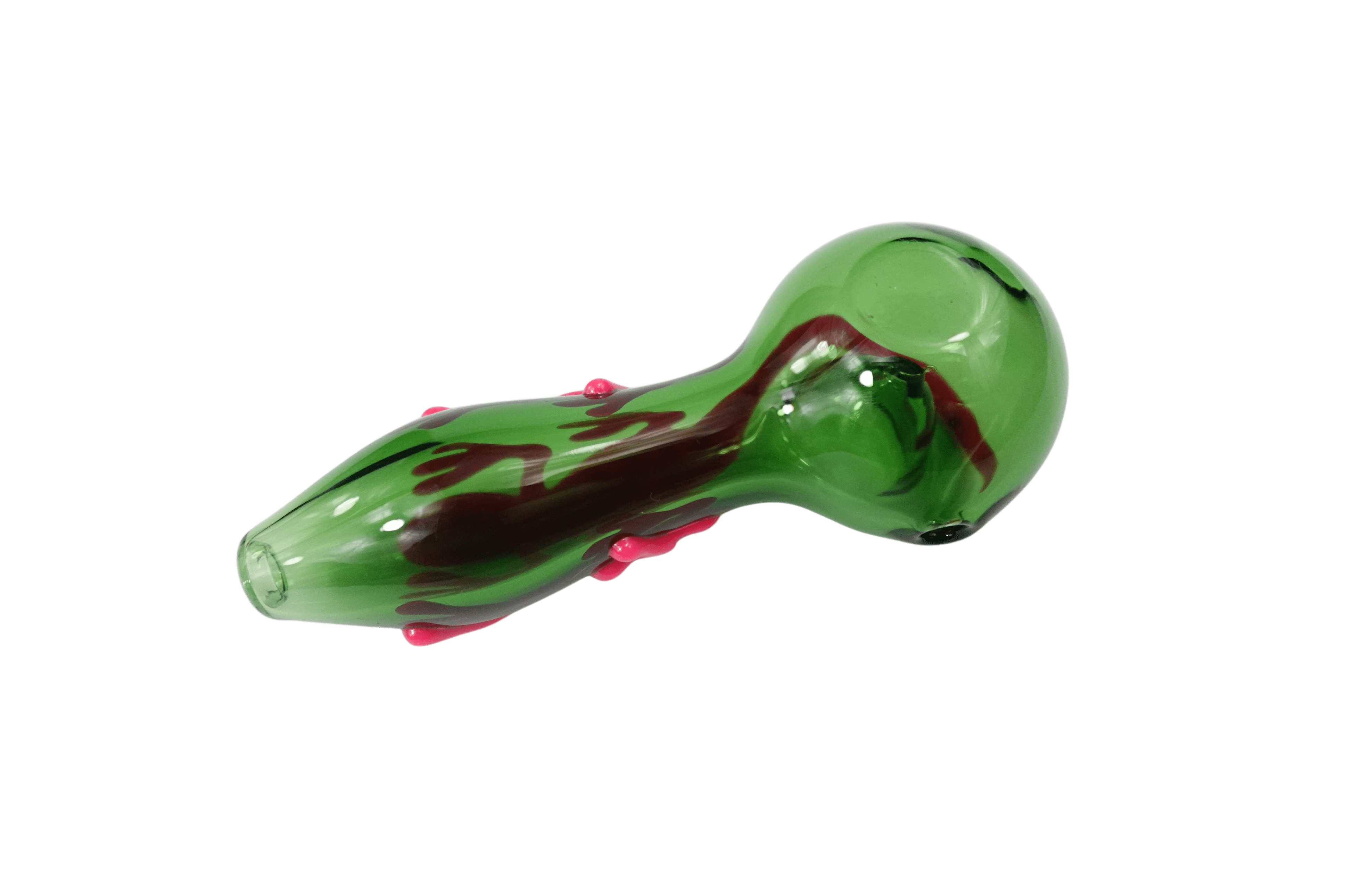 A side view of the 5'' Pink Lizard Glass Spoon Hand Pipe, showing its curved shape and vibrant pink coloration.