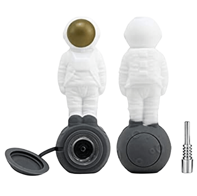 Front view of the Silicone 2 in 1 Astronaut Hand Pipe/Vapor Straw, a white figurine with a lid and titanium tip.