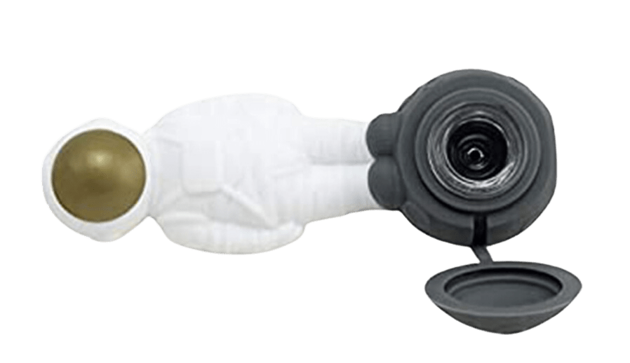A side view of the Silicone 2 in 1 Astronaut Hand Pipe/Vapor Straw with a black lid and titanium tip, angled against a plain white background.