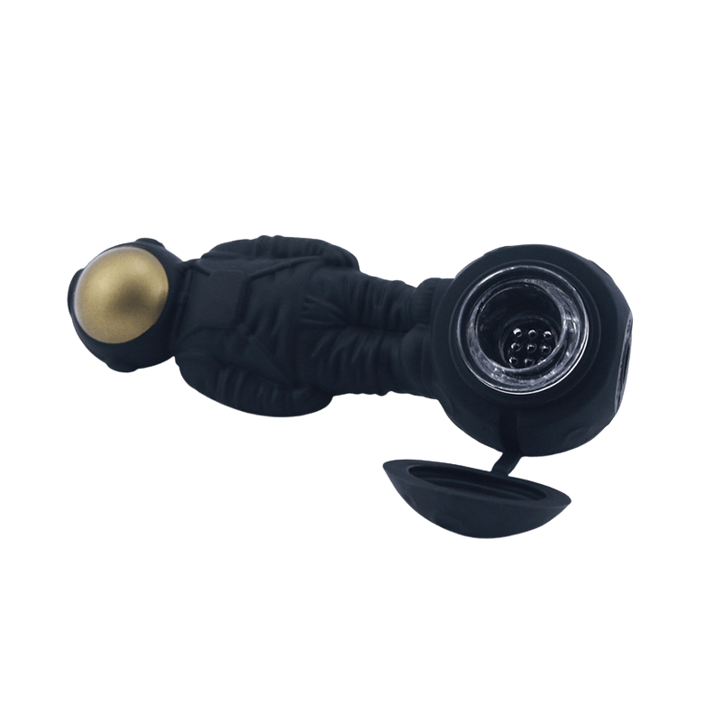 A side view of the Silicone 2 in 1 Astronaut Hand Pipe/Vapor Straw, featuring a dark finish and a rounded lid covering the tip.
