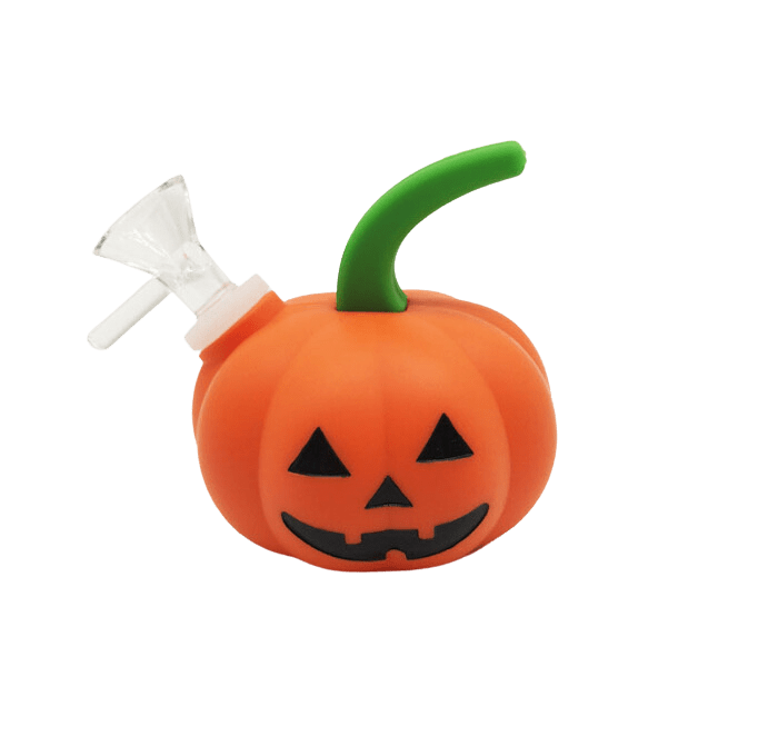 A front view of the Silicone Halloween Pumpkin Jack-o'-lantern Hand Pipe, showcasing its orange pumpkin design with a green stem.