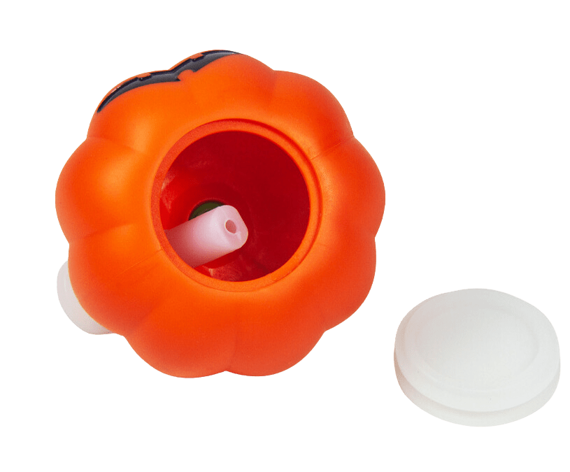 Top-down view of the Silicone Halloween Pumpkin Jack-o'-lantern Hand Pipe’s bowl, revealing a hollow orange interior.