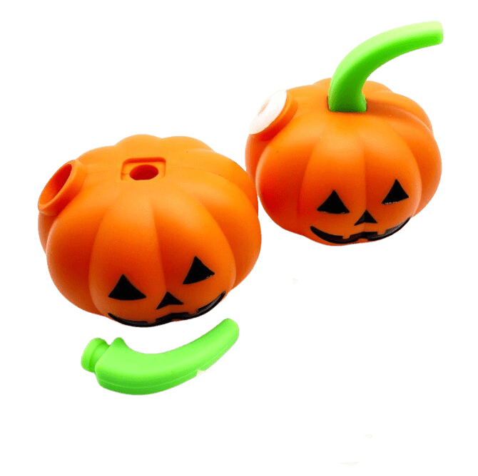 A slightly angled, front view of the Silicone Halloween Pumpkin Jack-o'-lantern Hand Pipe, showing a vibrant orange pumpkin design with a green stem.