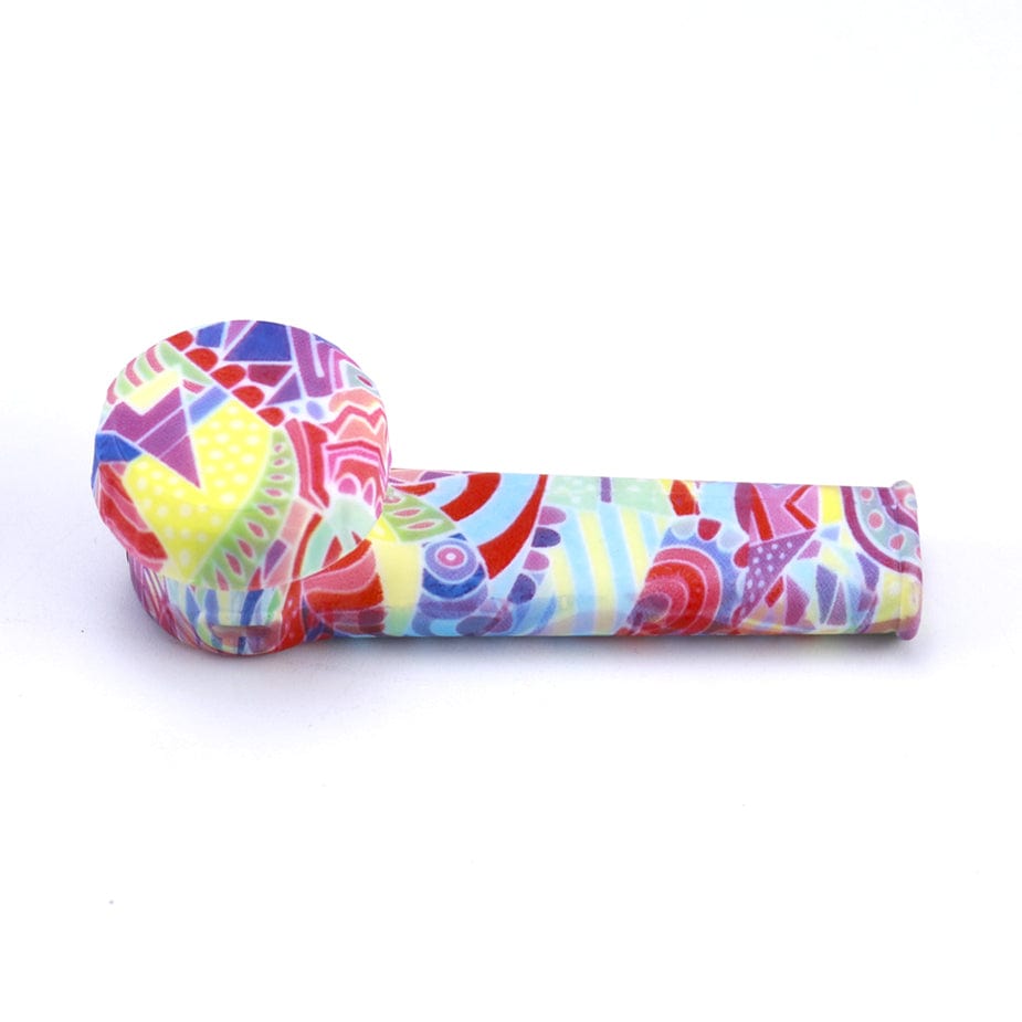 A side view of the Silicone Hand Pipe with Lid and Removeable Bowl, showcasing its colorful, patterned design against a white background.