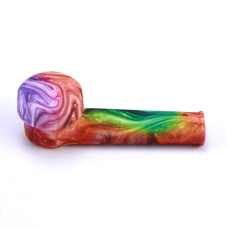 A side view of the Silicone Hand Pipe with Lid and Removeable Bowl, showcasing its colorful, swirled pattern and compact size.