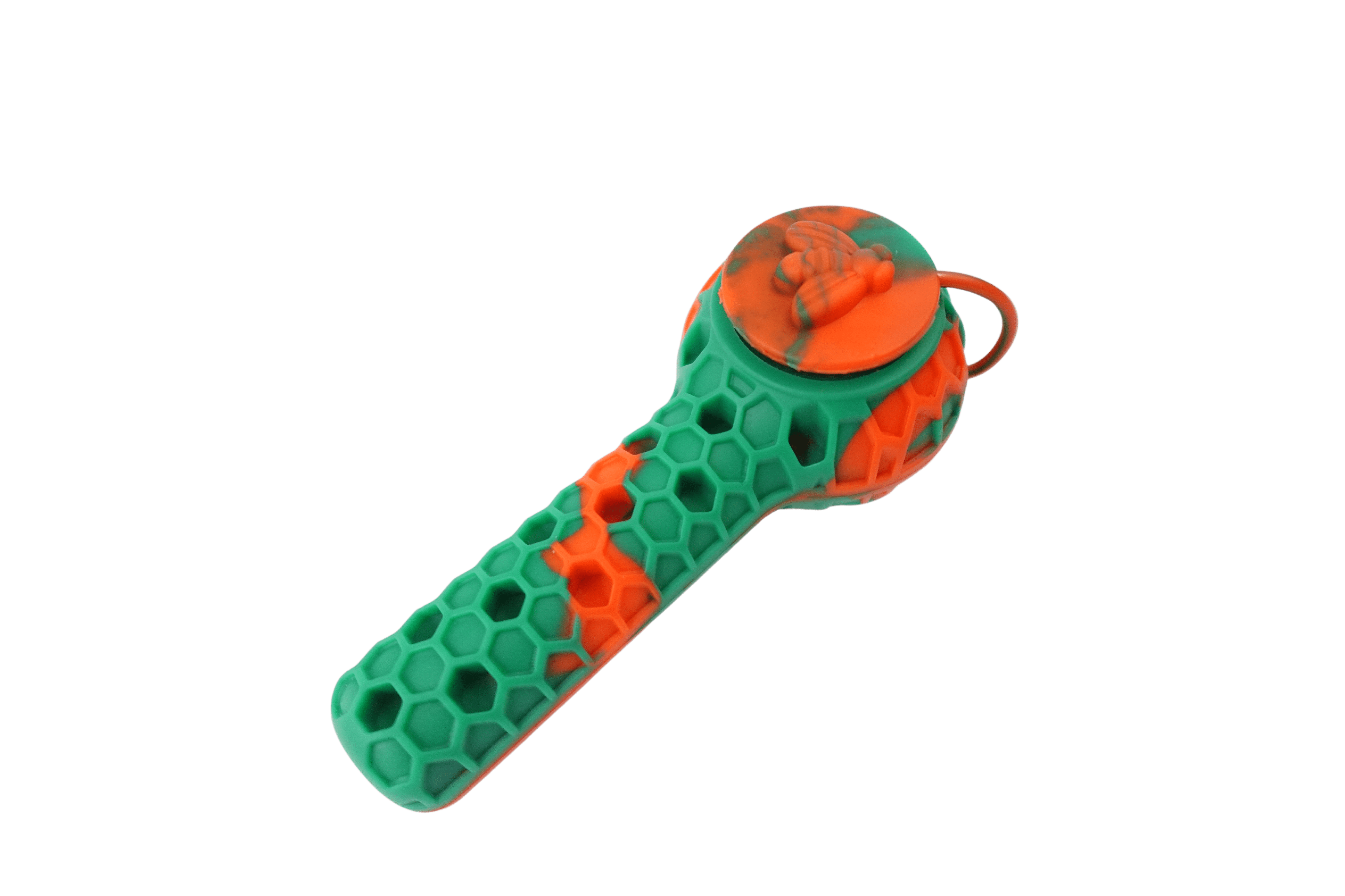 A close-up, angled view of the 4.5” Silicone 2 in 1 Honey Bee Hand Pipe/Vapor Straw with a textured green and orange design.
