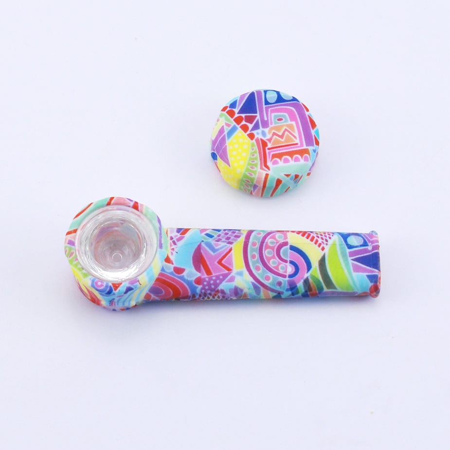 A close-up, angled view of the Silicone Hand Pipe with Lid and Removeable Bowl, showing its colorful, patterned design.