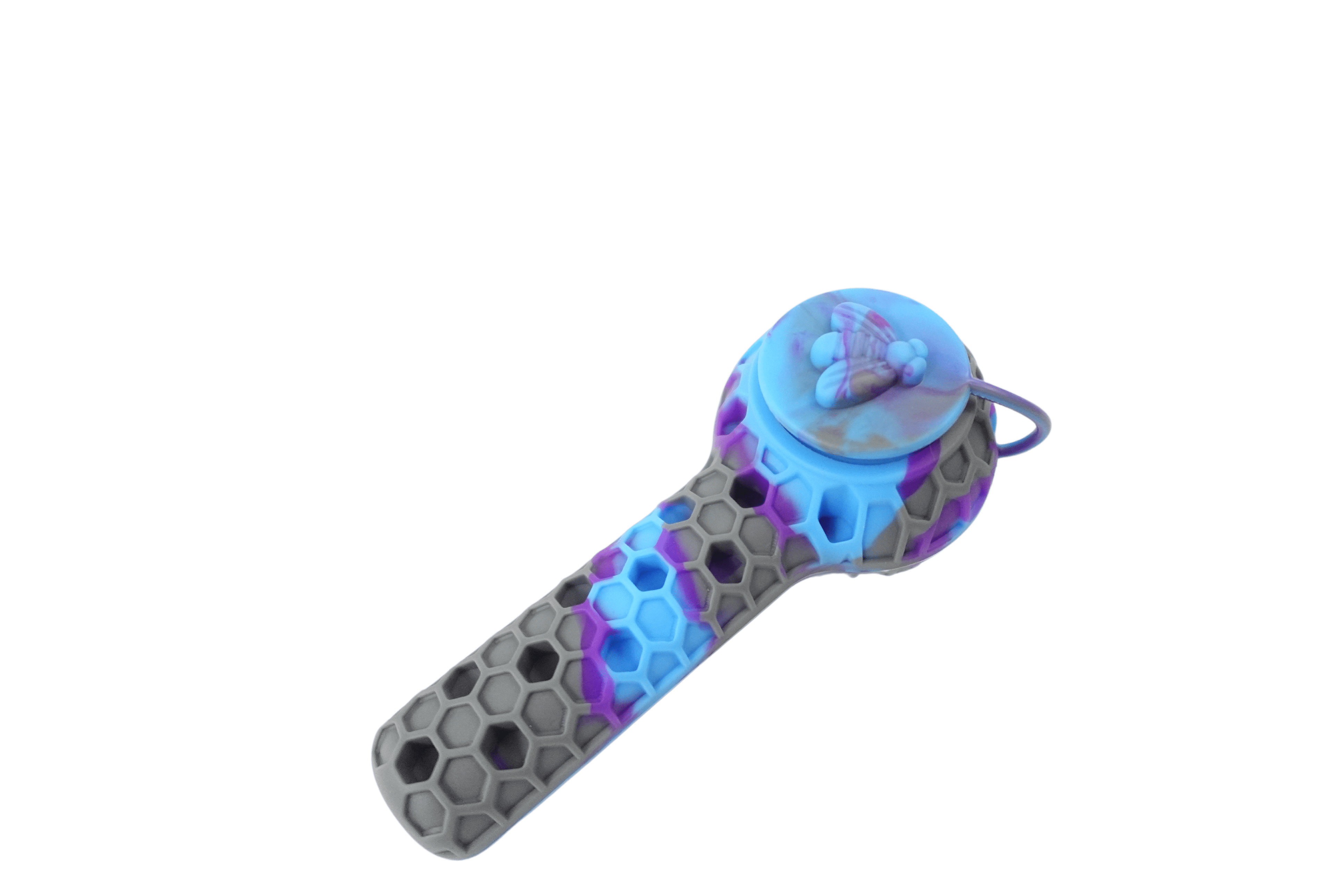 Front view of the 4.5’’ Silicone 2 in 1 Honey Bee Hand Pipe/Vapor Straw, displaying a purple and grey textured design.