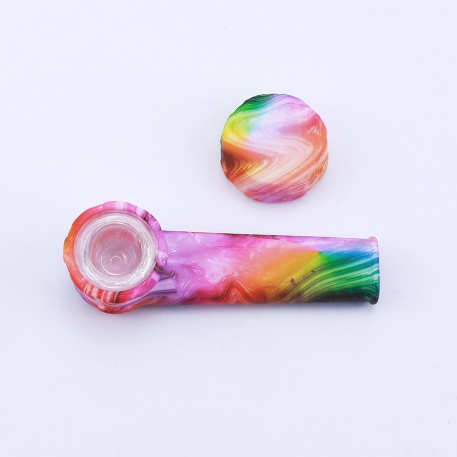 A top-down view of the Silicone Hand Pipe with Lid and Removeable Bowl, featuring a colorful, compact design with a protective cap.