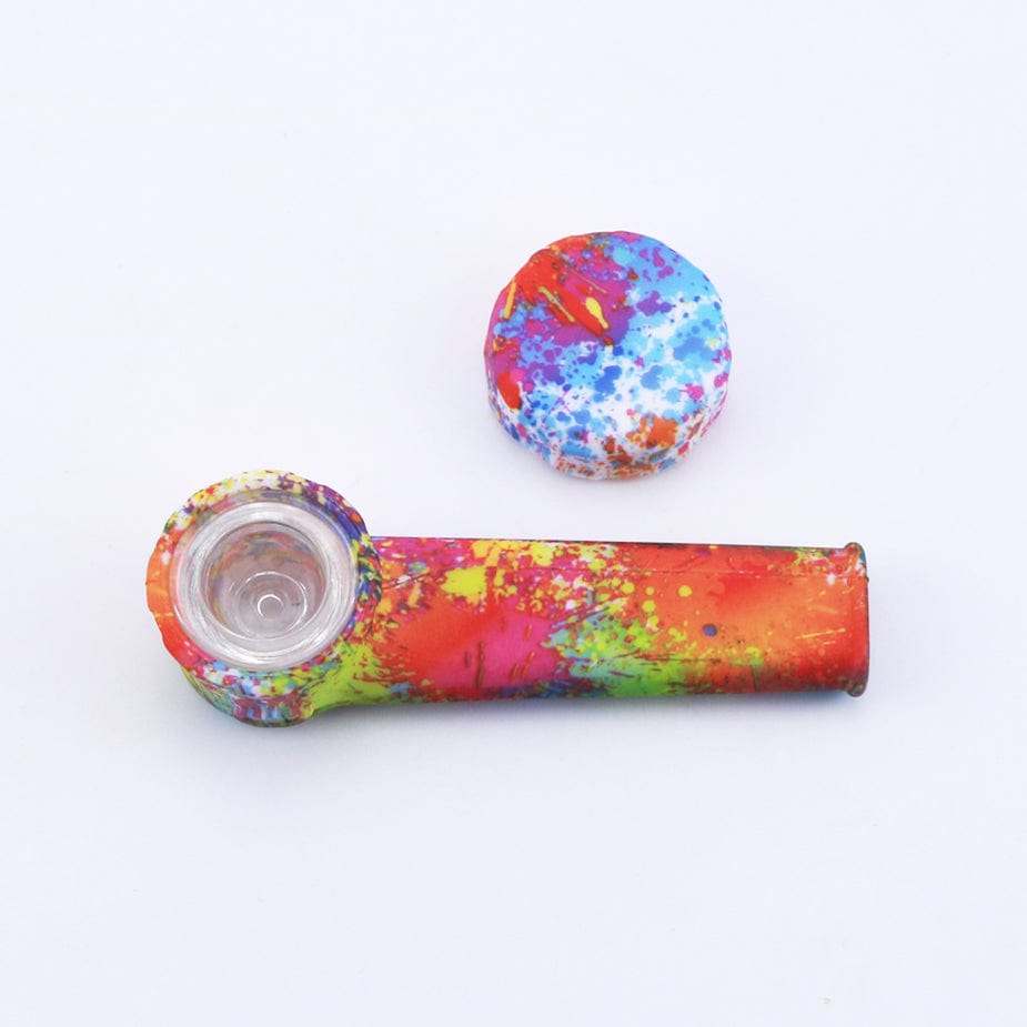 A close-up shows the Silicone Hand Pipe with Lid and Removeable Bowl, featuring a colorful, speckled design and a detachable lid.