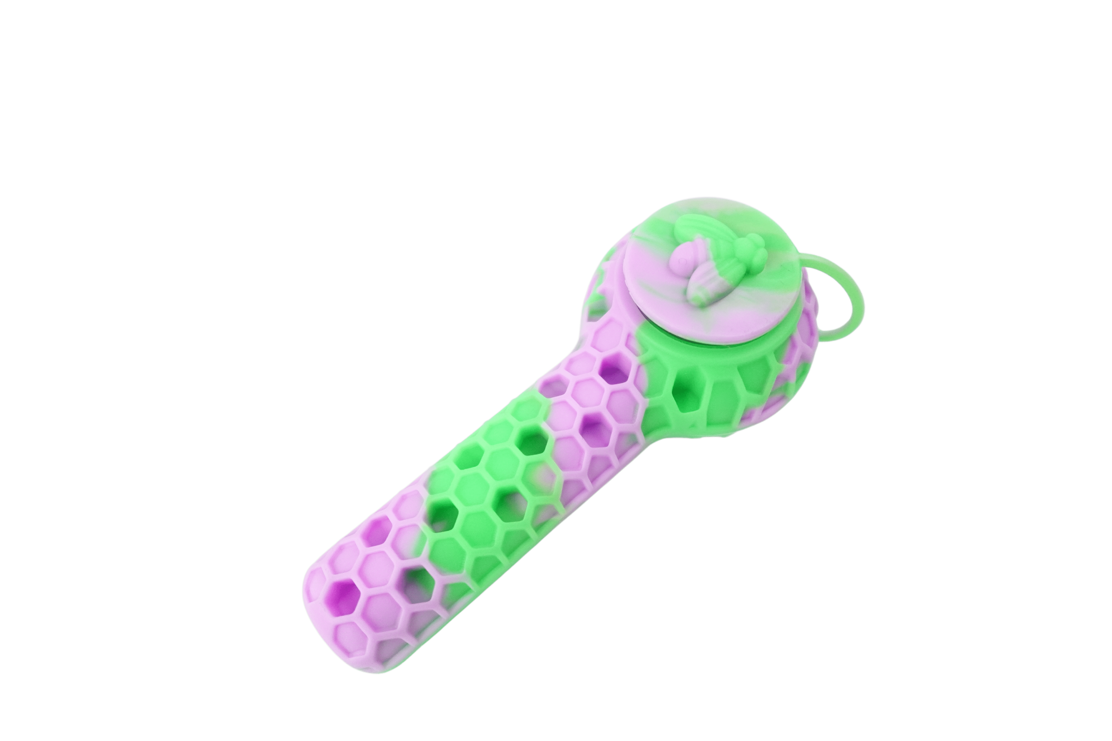 A slightly angled view of the 4.5” Silicone 2 in 1 Honey Bee Hand Pipe/Vapor Straw with a patterned green and purple design.
