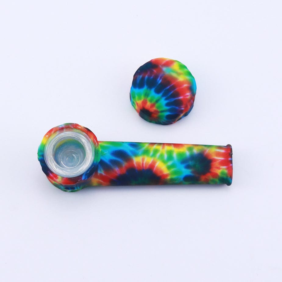 A close-up view of the Silicone Hand Pipe with Lid and Removeable Bowl, displaying its compact size and colorful design.