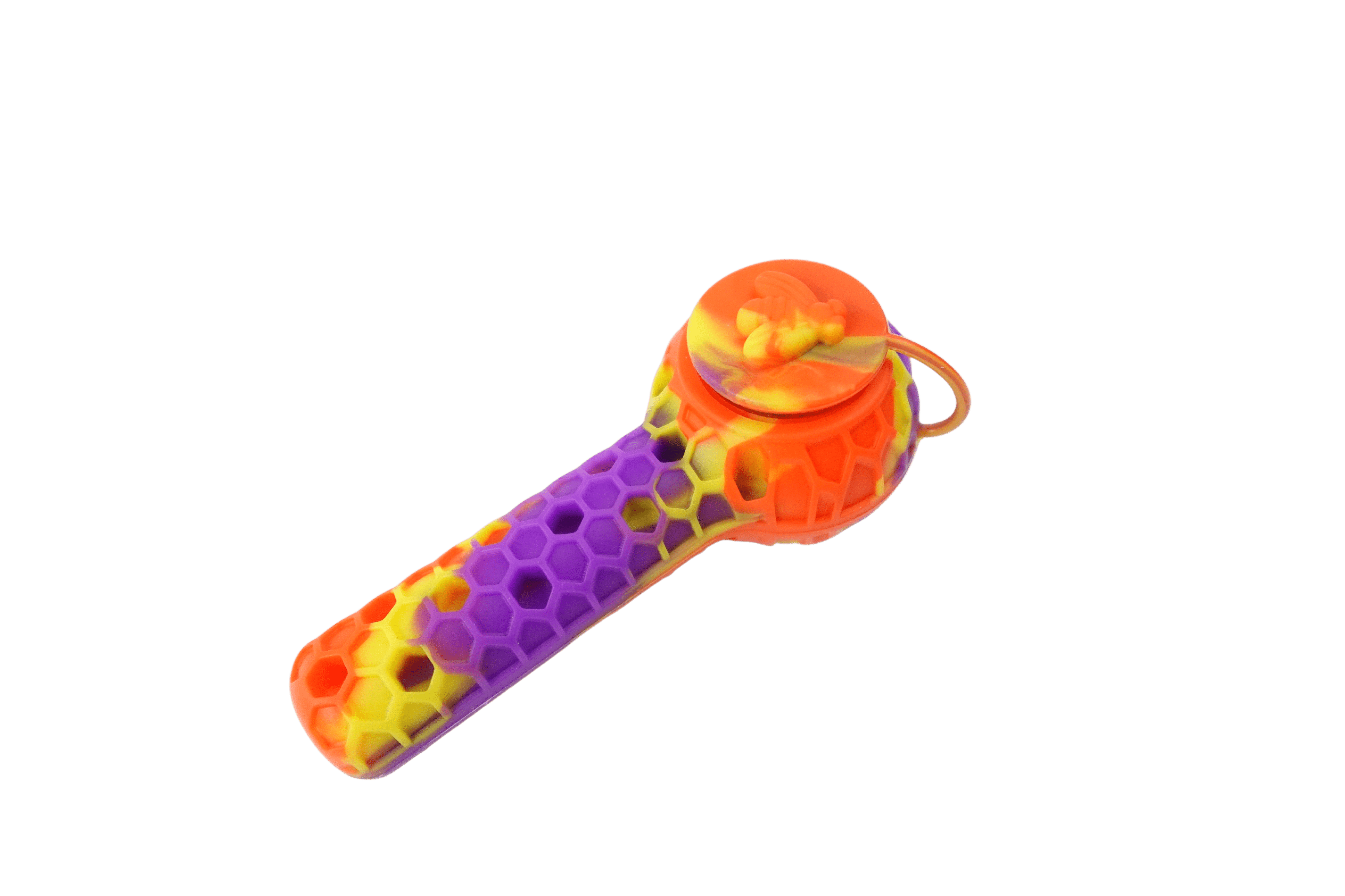 A close-up shows the 4.5” Silicone 2 in 1 Honey Bee Hand Pipe/Vapor Straw in vibrant orange and yellow hues.