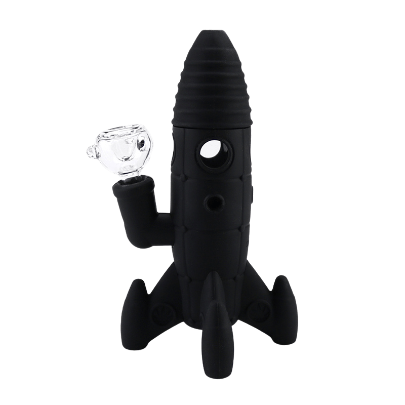 Front view of the Silicone and Glass Rocket Ship Mini Bong in matte purple-blue silicone with a clear glass bowl and tripod fins on a white background