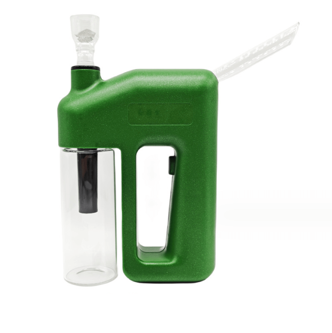 A front view of the 7.5'' Battery Powered Electronic Bong Water Pipe Bubbler, showing its green plastic casing and clear glass bubbler tube.