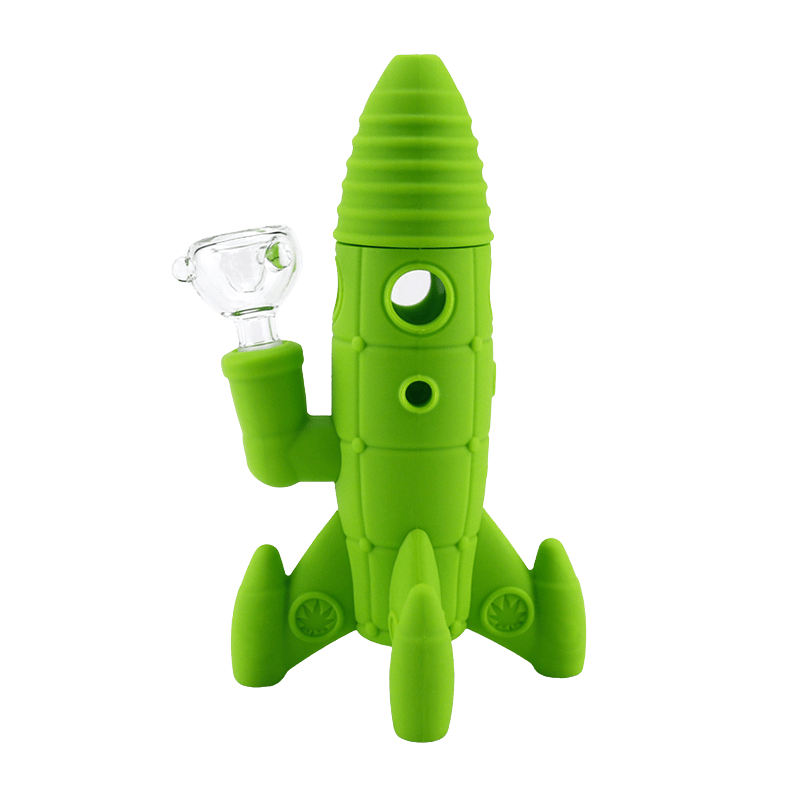 Front-facing shot of the Silicone and Glass Rocket Ship Mini Bong in bright green, shown upright with its glass bowl attached.