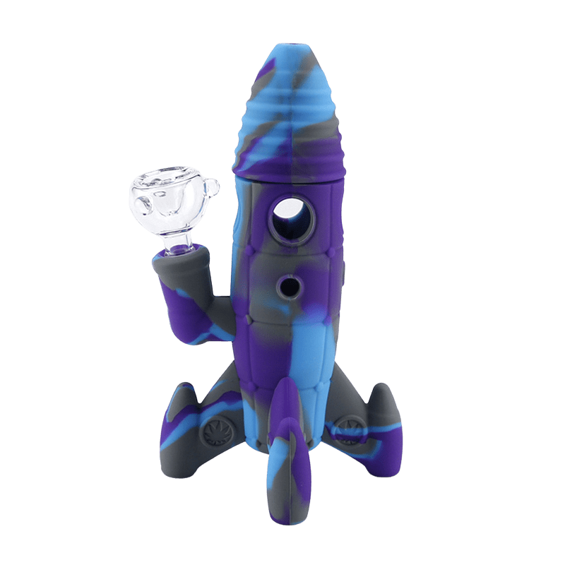 Center-front view of the Silicone and Glass Rocket Ship Mini Bong in swirled purple, blue, and gray silicone with a clear glass bowl.
