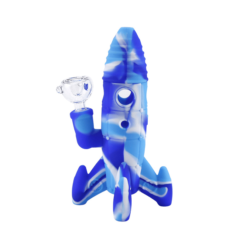 Front-facing Silicone and Glass Rocket Ship Mini Bong in white and blue marbled silicone with a clear glass bowl attached, shown on a plain background.